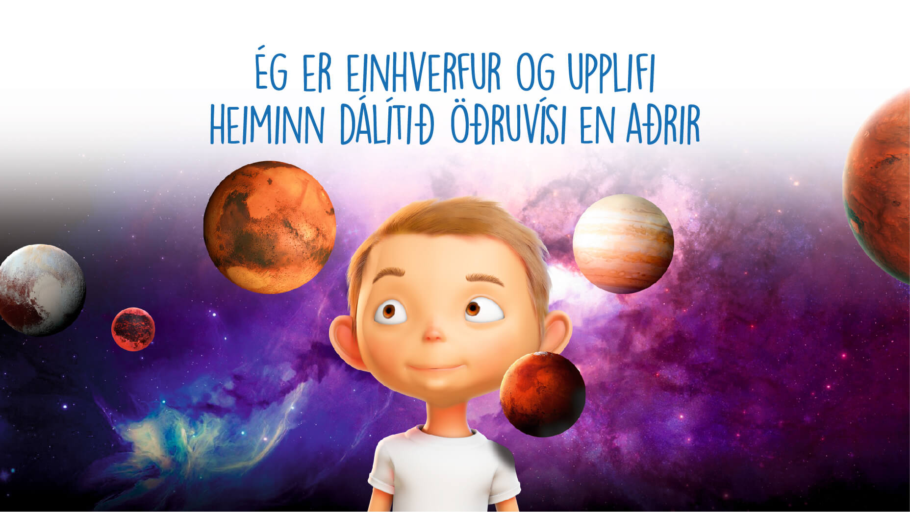 Strákur innan um plánetur