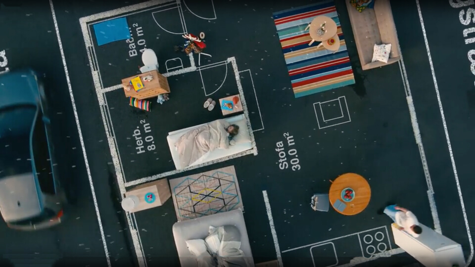 Séð ofan á útlínuteikngu á íbúð.